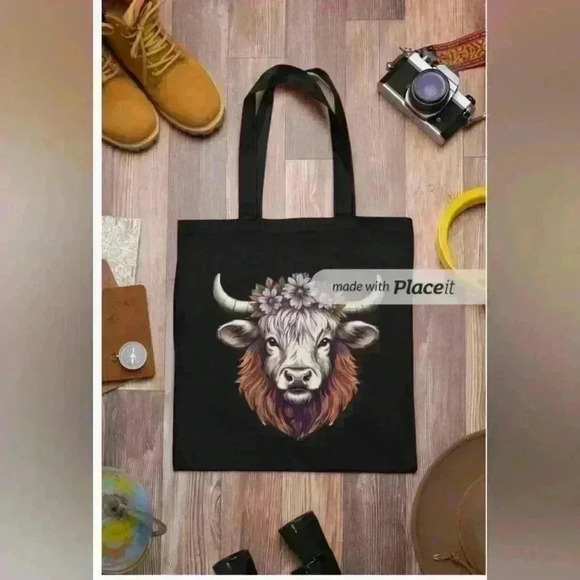 Highland cow country chic canvas recycled tote bag - Picture 2 of 2